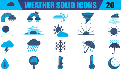 Fototapeta premium Weather solid icons set blue sun cloud rain snow storm meteorology eps 10