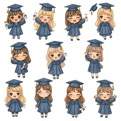 Funny cartoon group of smiling school kids and students in graduation hats illustrated as a playful character set