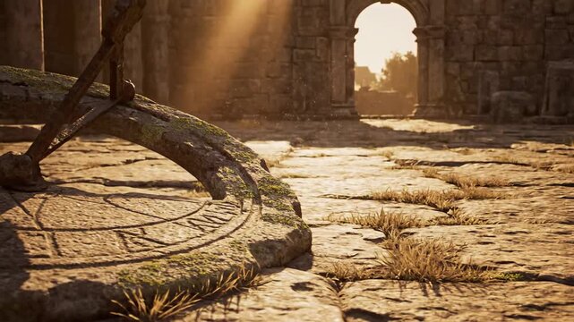 Ancient Stone Sundial Amongst Crumbling Roman Ruins Bathed in Golden Sunlight