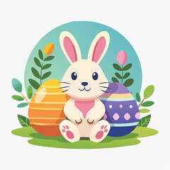 Fototapeta premium A cartoon bunny sitting with Easter eggs surrounded by flowers and leaves in a serene environment from a frontal viewpoint