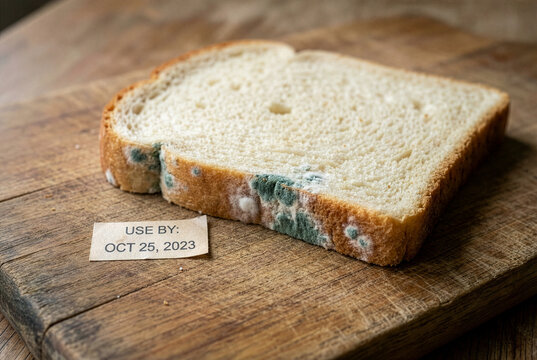 Moldy slice of white bread on a wooden board next to an expired use by date label