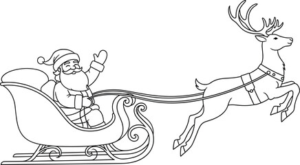 Santa Claus waving in sleigh, reindeer leaping, festive Christmas holiday vector illustration design for seasonal celebration themes © MstAlea