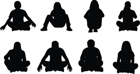Seated human posture silhouettes illustration, sitting position vector artwork, ergonomic body language design graphics, people icons set collection © MstAlea