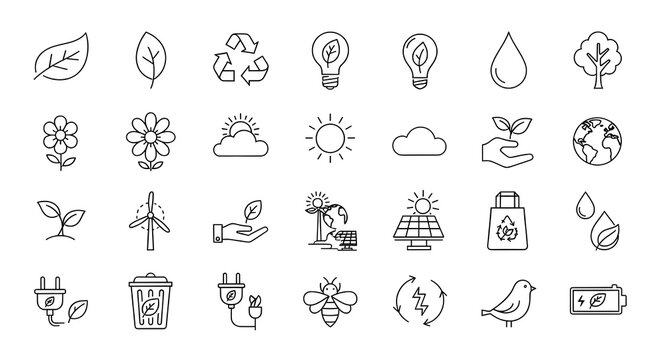 Set of 30 outline icons related to eco, leaf. Linear icon collection. Editable stroke. Vector illustration