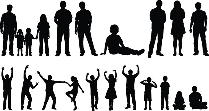 Silhouette icons of families and children in various poses including standing, sitting, jumping, dancing, flexing, diverse lifestyle concepts