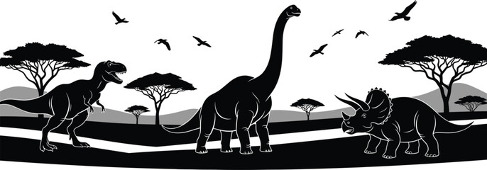    Silhouette illustration of dinosaurs including Tyrannosaurus, Brachiosaurus, Triceratops in prehistoric landscape with trees, hills, flying birds, ancient nature concept © MstAlea