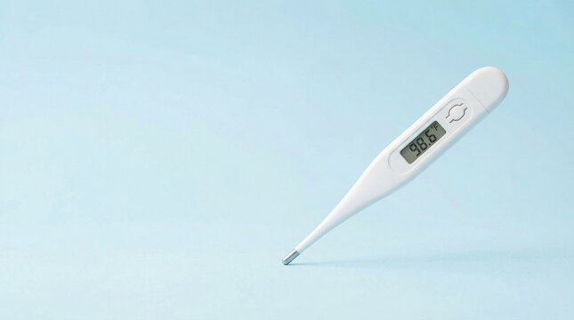 A white digital medical thermometer displays 98 6 degrees Fahrenheit on a light blue background