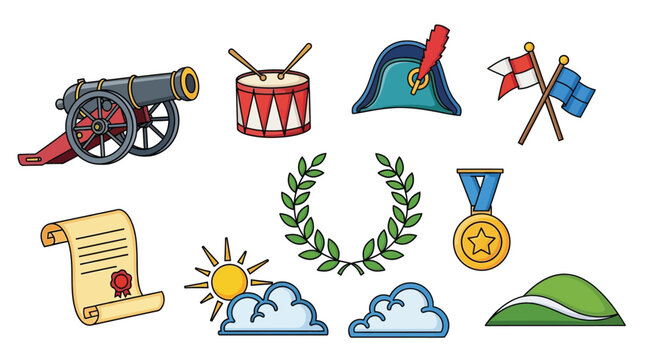 A vibrant collection of historical and military themed icons, featuring a cannon, drum, bicorne hat, flags, scroll, laurel wreath, and medal.