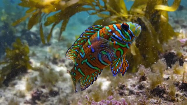 Colorful mandarin fish swims in ocean, showing vibrant patterns and detail among underwater marine life and plants