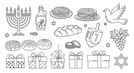 Outline vector illustration set of traditional Hanukkah holiday symbols including menorah, dreidel, latkes, donuts, gifts, and Star of David.