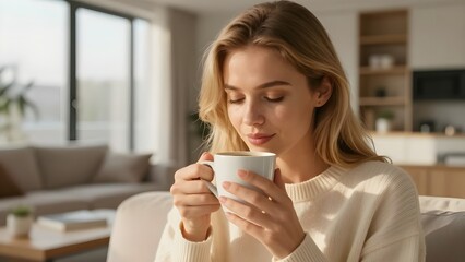 woman drinking coffee at home