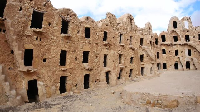 Panorama: Ancient Ksar Mrabtine in southern Tunisia, featuring traditional Berber mudbrick granaries and arched storage rooms, showcasing Saharan architecture, history, and cultural heritage