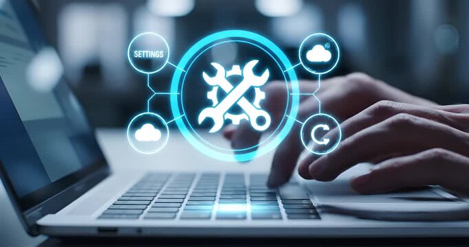 Laptop User Typing With Digital Technical Support
