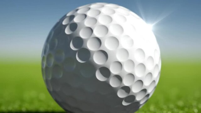 Close up view of a golf ball with dimples on green grass against a clear blue sky background
