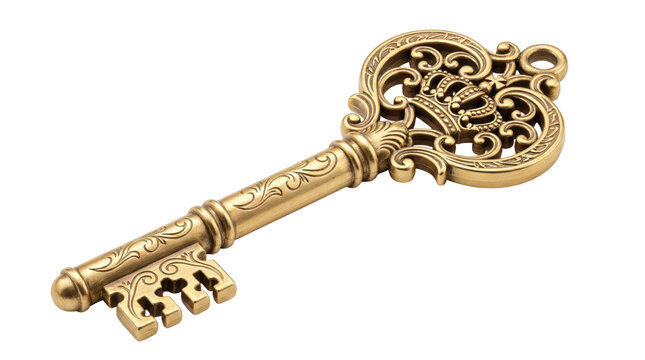 Antique golden skeleton key in ornate design with intricate details in warm soft lighting for luxury branding