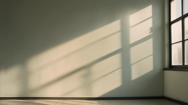 Ambient sunlight filtering through a window, casting dynamic and shifting geometric shadows on an empty wall and wooden floor
