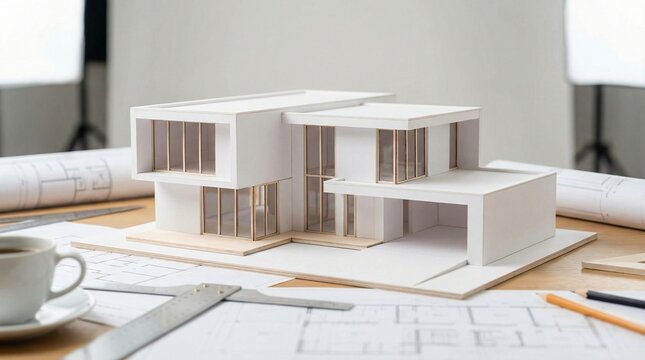 White modern architectural house model rests on blueprints with coffee cup and drafting tools nearby