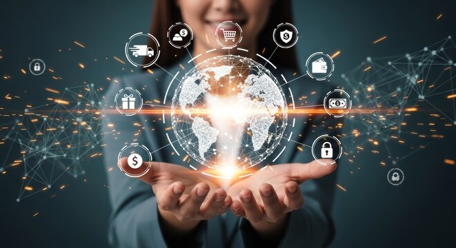 A woman holding a digital globe surrounded by security icons, symbolizing global connectivity and protection, viewed from a slight angle.