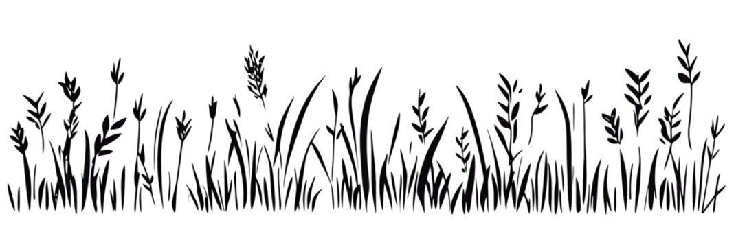 Black silhouette grass and wild plants seamless border pattern with various blade shapes and seed heads in minimalist vector style illustration