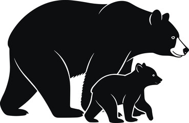 Obraz premium Silhouettes of bear parent and cub walking side by side, wildlife nature illustration, animal figures design, family relationship concept