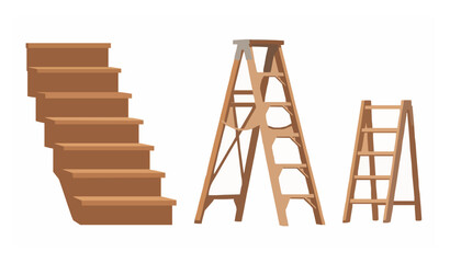 Flat vector set of wooden stairs and step ladders for home and construction isolated on white background © MD