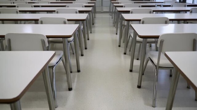 Clean, empty school or institution classroom with rows of white desks and chairs, a slow motion push-in shot, symbolizing education, learning