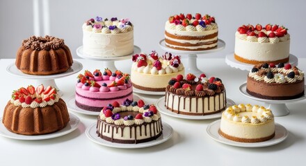 Assorted cakes with various toppings and decorations on a table