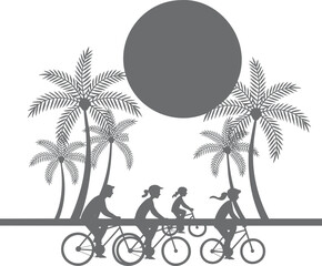 A family of four enjoys a bicycle ride surrounded by tropical palm trees and a large sun