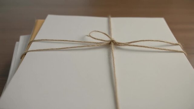 Minimalist stack of clean white paper sheets tied with rustic brown twine on a wooden desk, slowly zooming in with a smooth cinematic feel