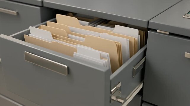 Seamless loop of a modern industrial-style gray metal filing cabinet drawer smoothly opening to reveal organized manila folders and white papers