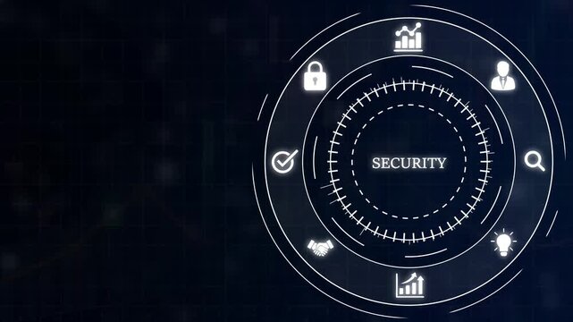 Digital interface with the word SECURITY at its center encircled by related to protection data management and business operations on a dark grid
