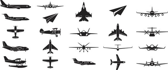 Silhouettes of diverse aircraft including commercial airplanes, fighter jets, propeller planes, biplanes, seaplanes, and paper airplanes viewed from multiple angles in aviation identification grid  © Itz Shahin