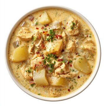 Creamy chicken and potato stew, garnished with herbs and spices