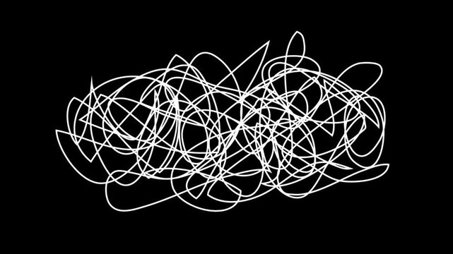 White hand drawn chaotic scribble line loop video on black screen. pencil lines or spherical shape. confused thoughts, stress, psychology and mental health 4K video