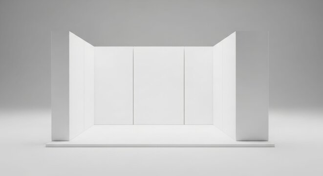 Empty white exhibition booth with three back panels and two side walls, ready for customization and display.