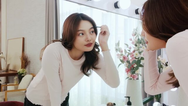 Woman applies makeup at a vanity, checking her reflection in a bright mirror beside a floral arrangement.