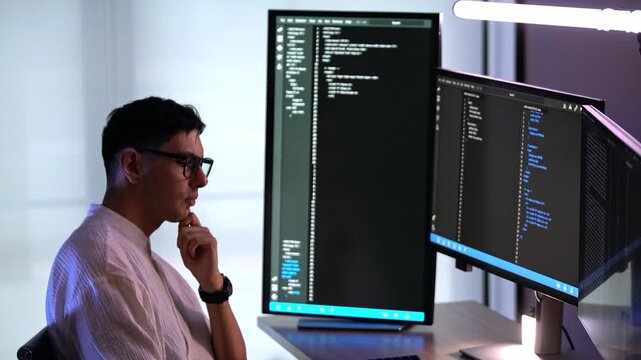 A focused developer reviews code on dual vertical and horizontal monitors in a modern office, hand on chin, lit by screen glow.