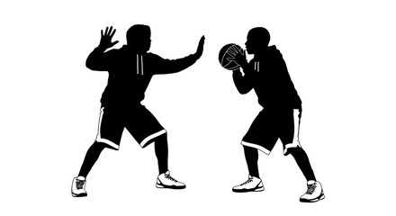 Two basketball players in action on the court with ball and defense