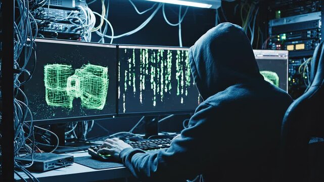 Cyber Threat: A hooded figure engrossed in code, illustrating the serious nature of cyber threats. A stark reminder of the digital age's risks and vulnerabilities.