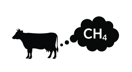 Black Silhouette Cow Emitting Methane CH4 Gas Cloud Vector Illustration