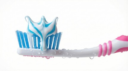 A toothbrush with blue toothpaste foam on its bristles against a plain background