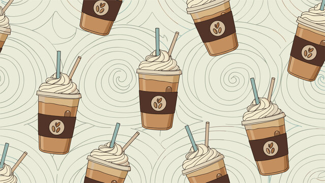 A stylish seamless pattern of iced coffee or frappes in takeaway cups on a background with elegant swirl line art, perfect for a coffee shop theme.