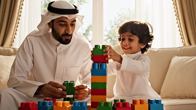 Father and Son Building Blocks Together in a Cozy Home Environment