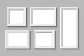 Set of Five Stylish White Picture Frames with Blank Space on a Clean Grey Background for Gallery Wall Mockups and Creative Art Presentations.