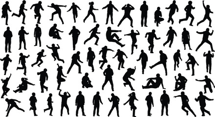 Fototapeta premium Silhouettes of people in grid, running, jumping, standing, sitting, gesturing, diverse human postures, motion study, vector illustration design