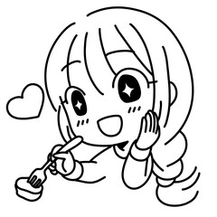 ケーキを食べて喜ぶ女性の線画イラスト
