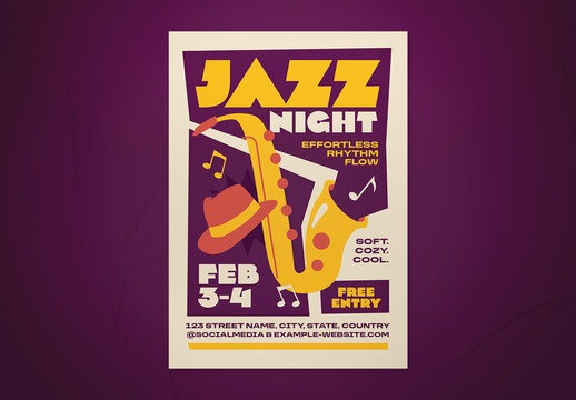 Purple & Yellow Bold Illustrative Jazz Night Event Flyer