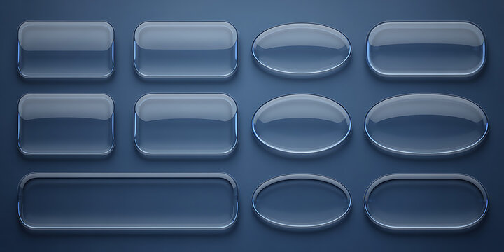Set of Modern Transparent Glass Web UI Elements including Oval, Round, and Rectangular Buttons on a Blue-Grey Background, Perfect for Digital Design and Applications.