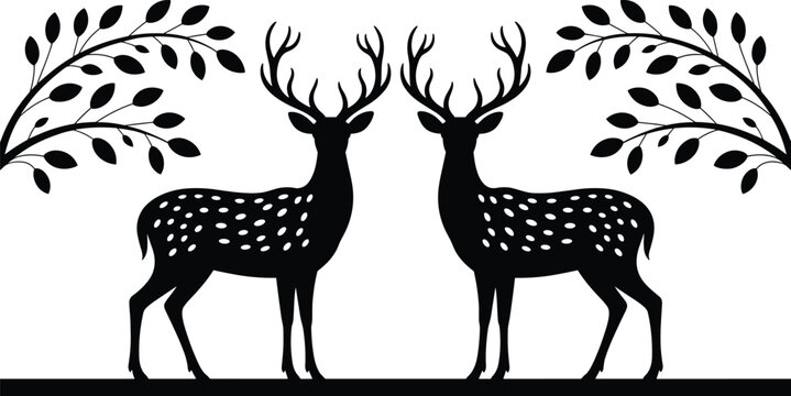 Black Silhouette of Two Spotted Deer with Antlers and Branching Leaves Isolated on White Background for Woodland Nature Decor Forest Scene and Graphic Design