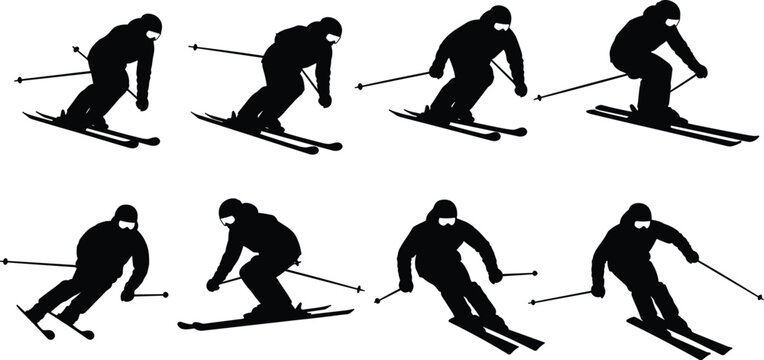Skiing silhouette vector illustration, sequence of skier dynamic poses with poles and skis, motion technique and winter sports concept design